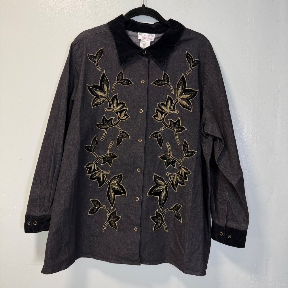 Victor Costa Occasion VTG Denim Shirt Jacket Gold Embroidered Black Velvet 1X